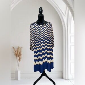 Luxology Chevron Patterned Blue and Orange Dress with 3/4 Sleeves